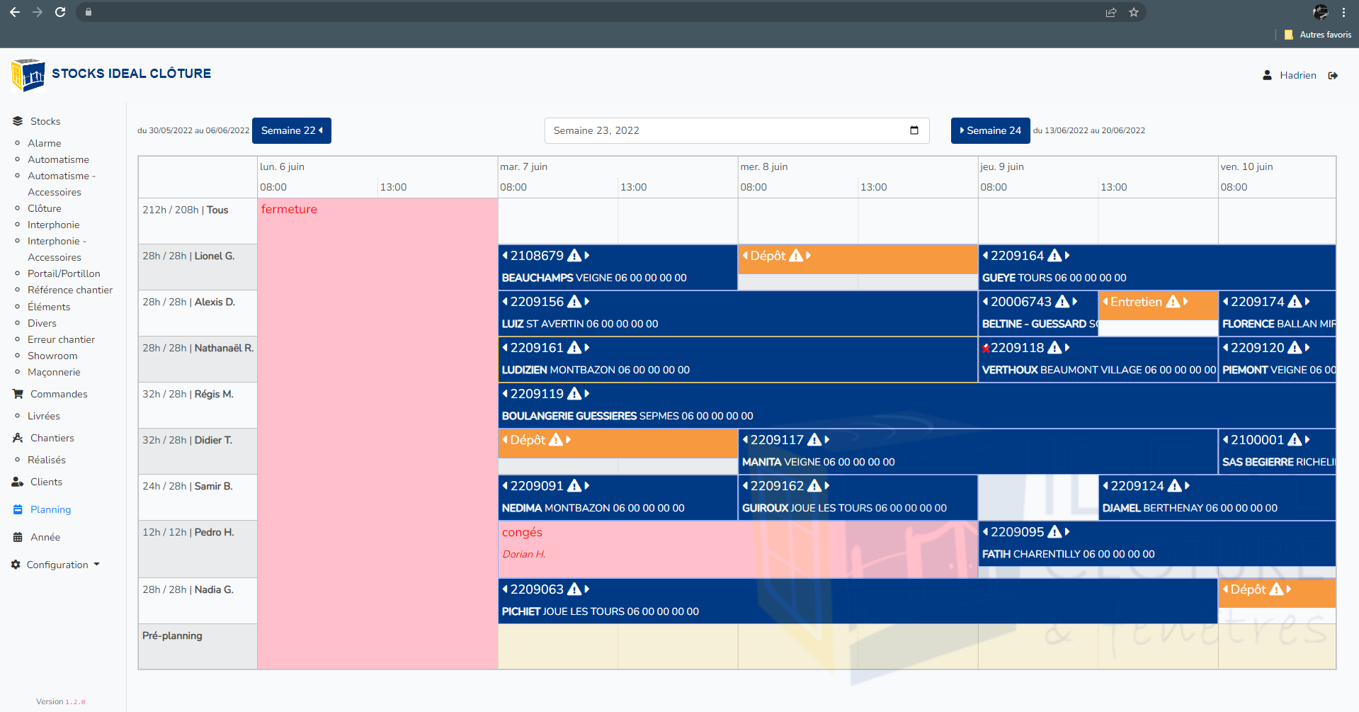 Planning d'intervention